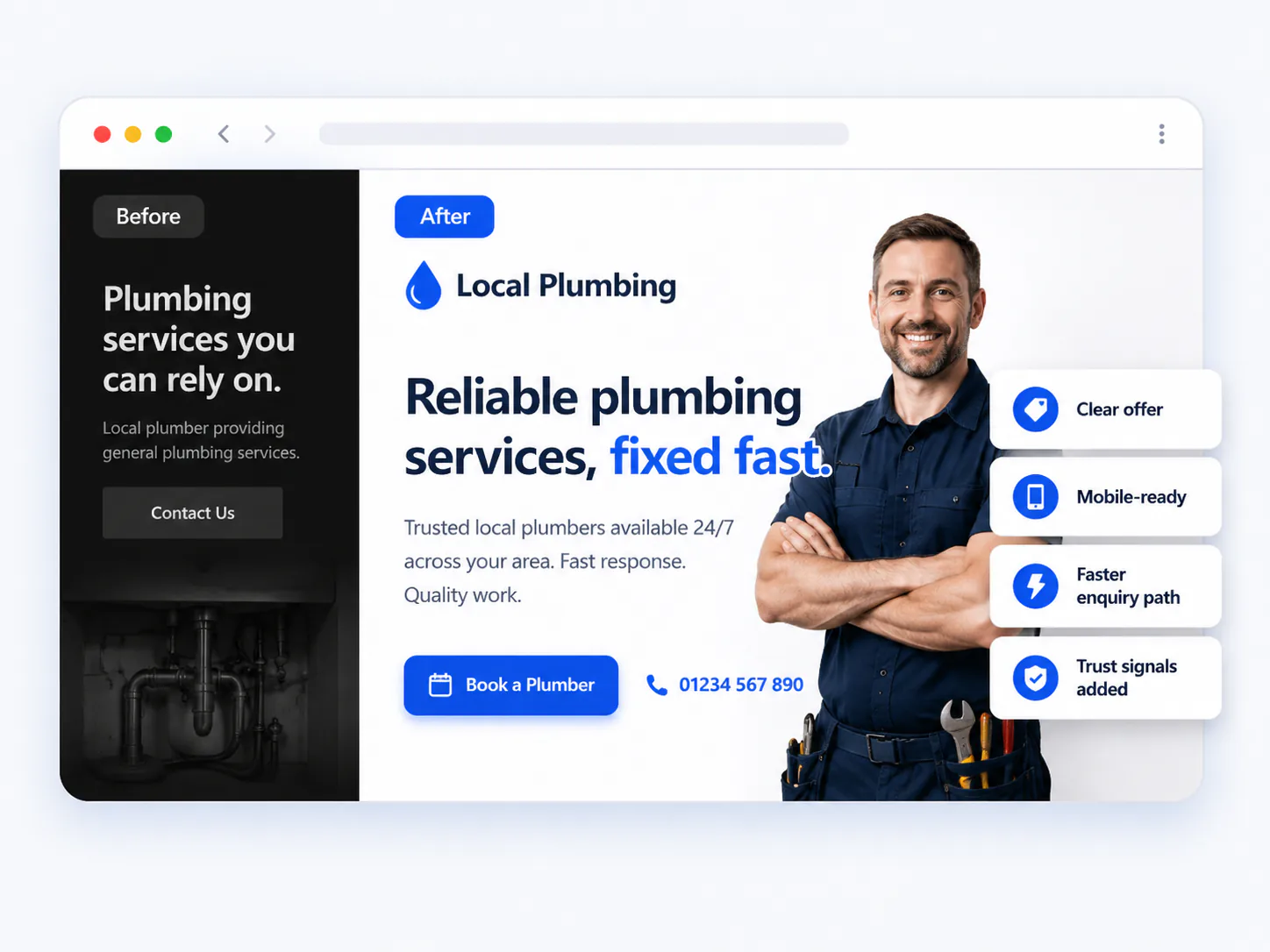 Before and after website redesign example for a local service business